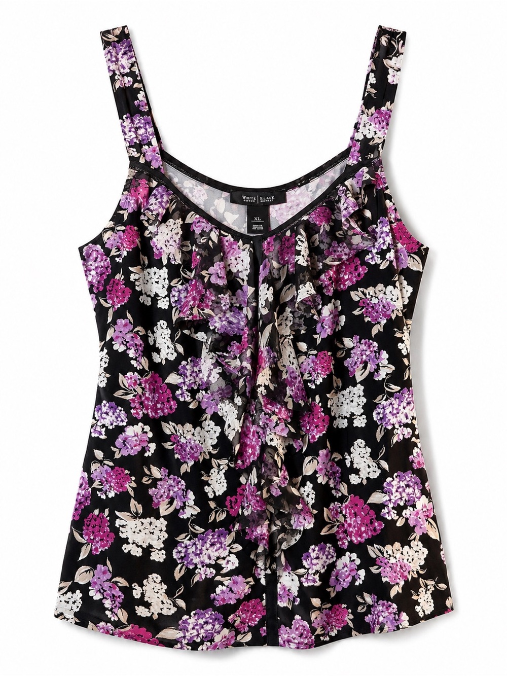 WHBM White House Black Market Floral Ruffle Front Tank Top XL Black Purple Pink